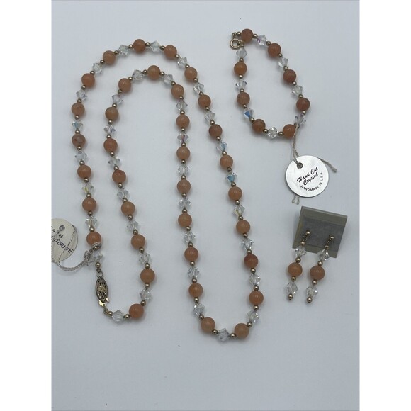 Peach Adventurine Stone & AB Bicone Crystal Necklace, Bracelet & Earring Set New - Picture 5 of 7